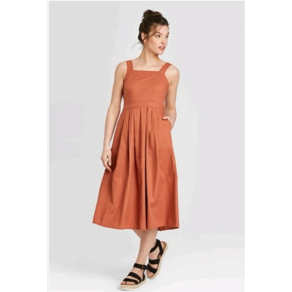 (A4) Universal Thread Women Rust Orange Pleated Midi Dress Square Neck Cotton 10